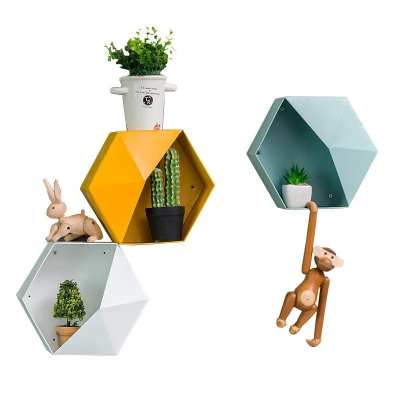 Creative Combination Flower Pot Wall Hanging Wall Decoration Living Room Bedroom Geometric Hexagonal Wall Decoration Shelf