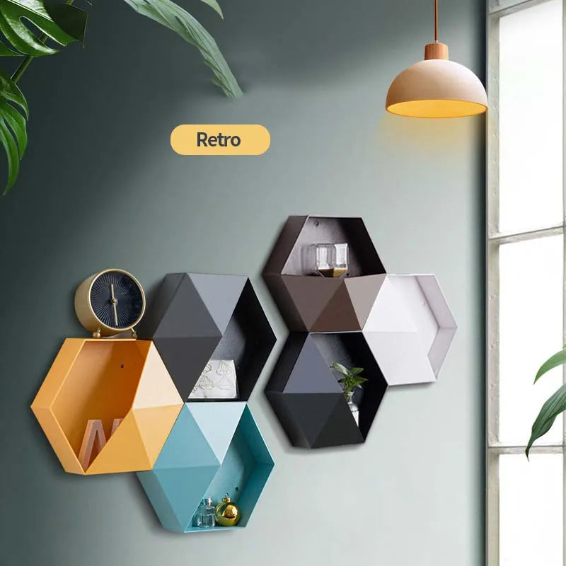 Creative Combination Flower Pot Wall Hanging Wall Decoration Living Room Bedroom Geometric Hexagonal Wall Decoration Shelf