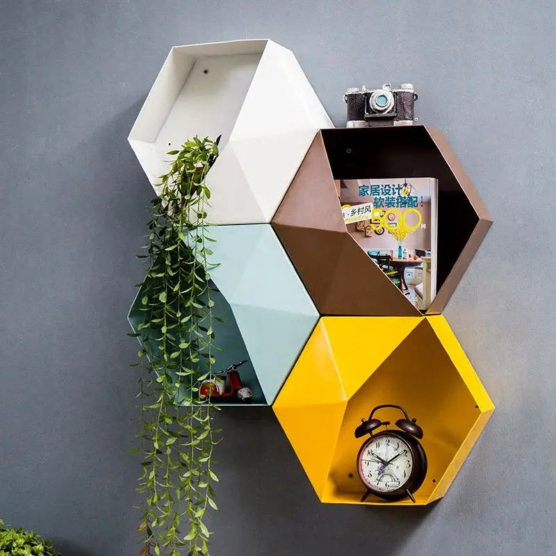 Creative Combination Flower Pot Wall Hanging Wall Decoration Living Room Bedroom Geometric Hexagonal Wall Decoration Shelf