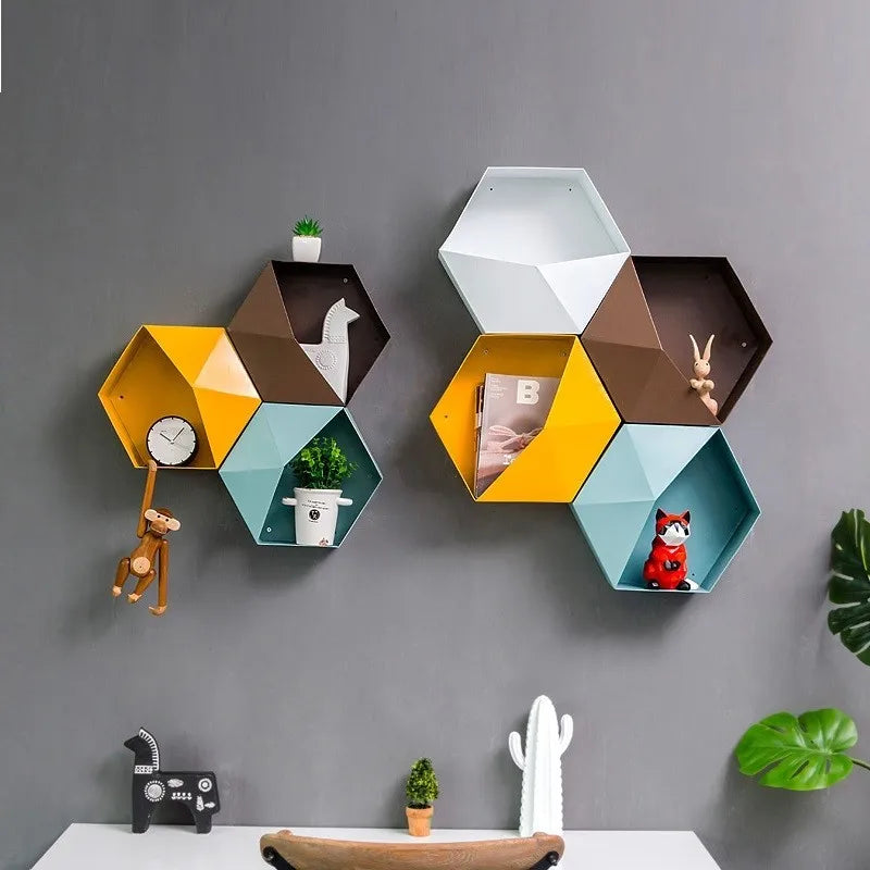 Creative Combination Flower Pot Wall Hanging Wall Decoration Living Room Bedroom Geometric Hexagonal Wall Decoration Shelf