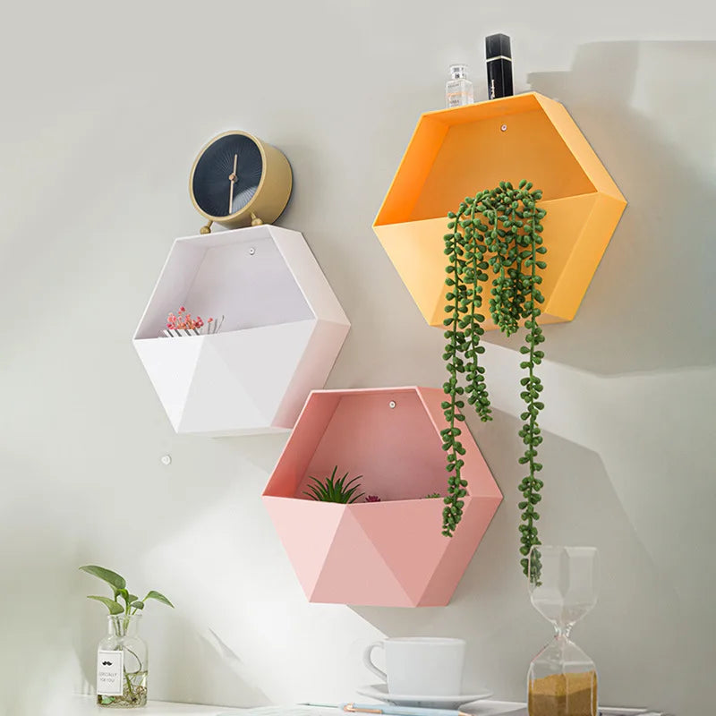 Creative Combination Flower Pot Wall Hanging Wall Decoration Living Room Bedroom Geometric Hexagonal Wall Decoration Shelf