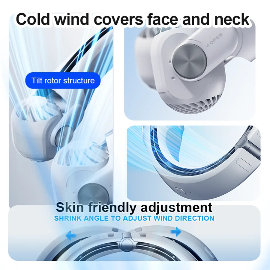 2024 New Wearable Neck Fan Portable Air Conditioner Rechargeable Bladeless Fan with 45° Adjustable Wind Directions for Outdoor