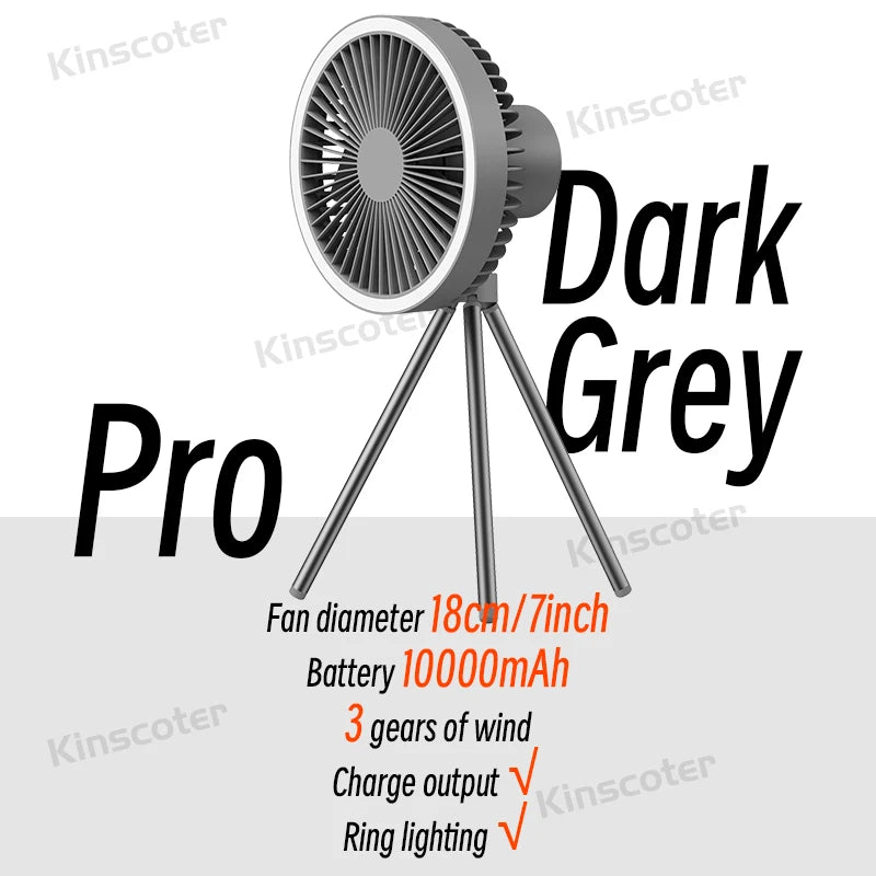 10000mAh Camping Fan Rechargeable Desktop Portable Circulator Wireless Ceiling Electric Fan with Power Bank LED Lighting Tripod