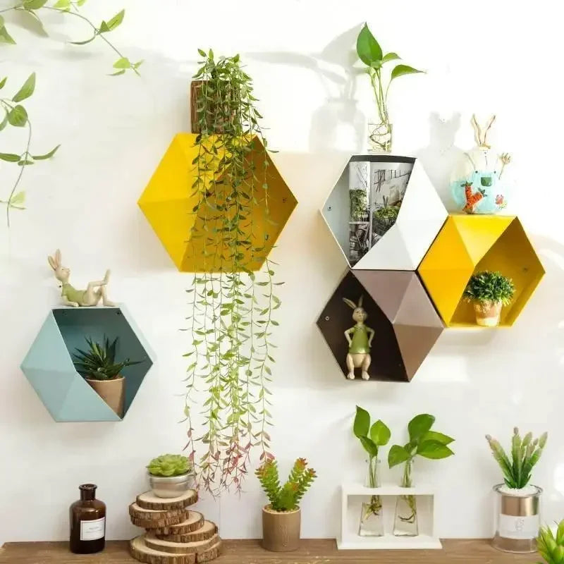 Creative Combination Flower Pot Wall Hanging Wall Decoration Living Room Bedroom Geometric Hexagonal Wall Decoration Shelf